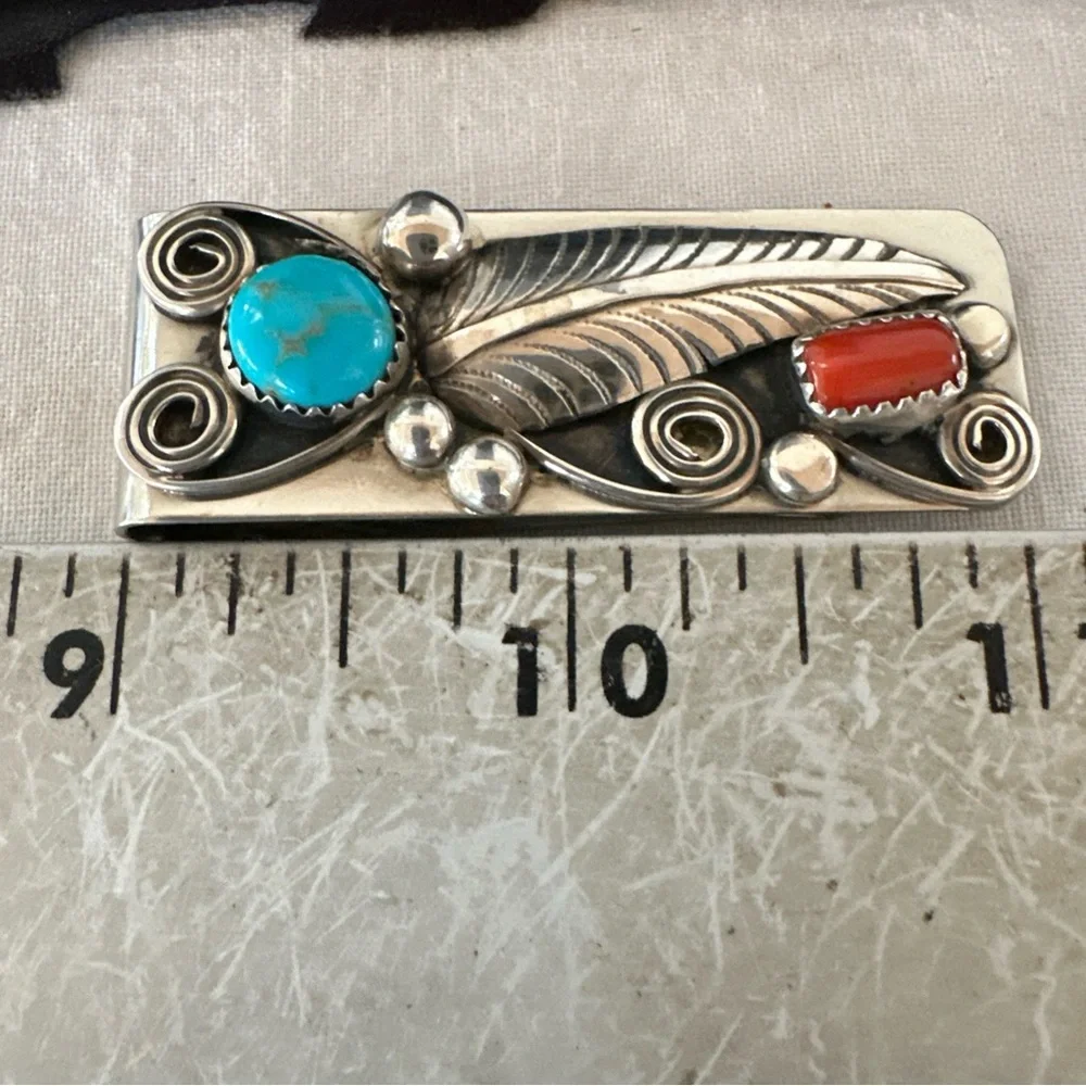 Sterling Silver Feather Turquoise and Red Coral Stone Money Clip 19736